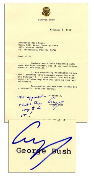 George H.W. Bush Letter Signed as Vice President Regarding the 1982 Mid-Term Election -- With Additional Autograph Note ''No opponent - that's the way to do it!''