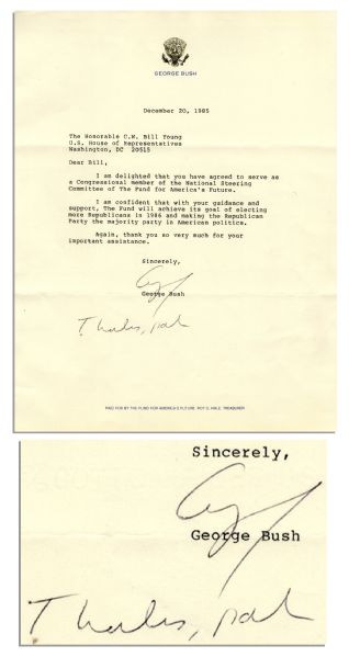 George H.W. Bush Letter Signed & Autograph Note as Vice President -- ''...The Fund will achieve its goal of electing more Republicans in 1986 and making the Republican Party the majority...''