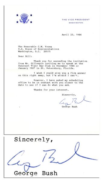 George H.W. Bush Typed Letter Signed as Vice President -- ''...I wish I could give you a firm answer on this right away, but I'm afraid I can't...''