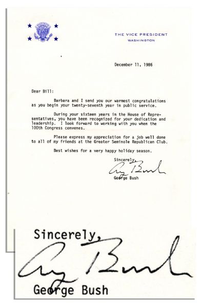 George H.W. Bush Typed Letter Signed as Vice President -- ''I look forward to working with you when the 100th Congress convenes...''