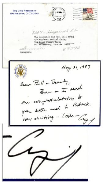 George H.W. Bush Autograph Letter Signed as Vice President -- ''...Bar + I send our congratulations...How exciting...''