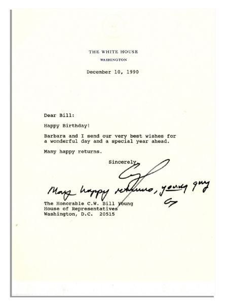As President, George H.W. Bush Sends Birthday Wishes Via a Typed Letter Signed With an Additional Autograph Note Signed