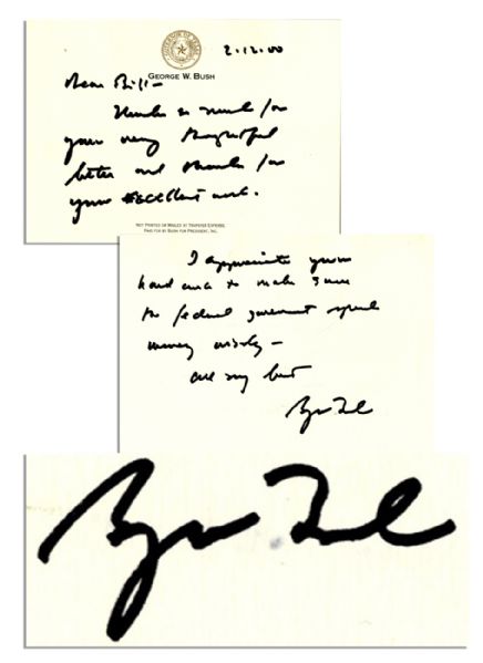 George W. Bush Autograph Letter Signed in 2000, Campaigning for President -- ''...I appreciate your hard work to make sure the federal government spends money wisely...''