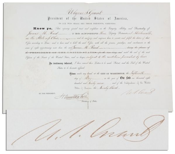 Ulysses S. Grant 1869 Postmaster Appointment Signed ''U.S. Grant'' as President
