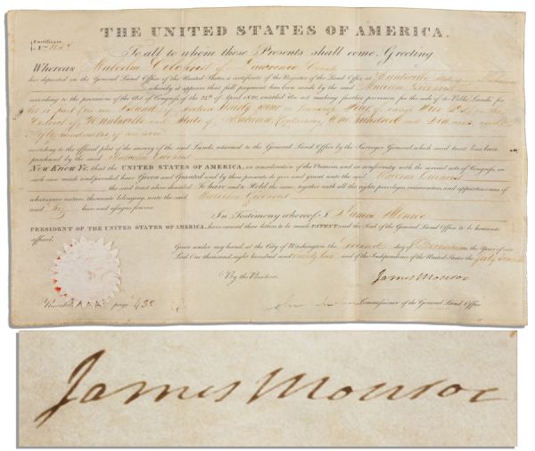President James Monroe Land Grant Signed