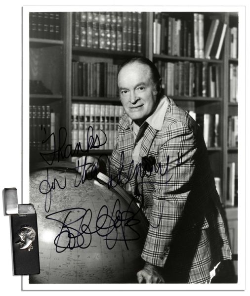 Bob Hope Signed 8'' x 10'' Photo & Lighter With a Caricature of Hope's Face
