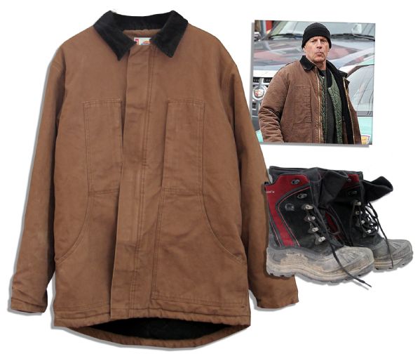 Bruce Willis Screen-Worn Jacket & Boots From ''RED'' -- Prop Blood on Wardrobe