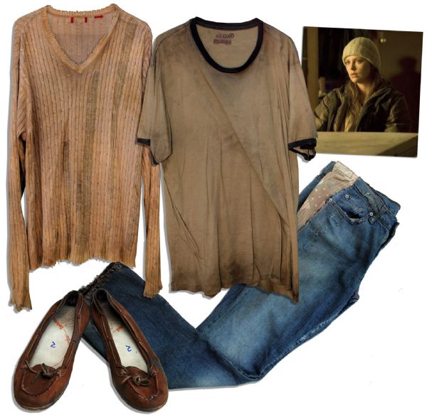 Charlize Theron Screen-Worn Tattered Wardrobe From Post-Apocalyptic Drama ''The Road'' -- Sweater, Shirt, Jeans & Shoes