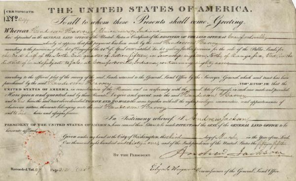 President Andrew Jackson Document Signed as President -- 1831 Land Grant