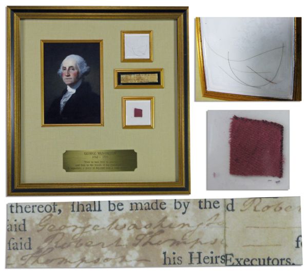 George Washington Framed Display Including His Cut Signature, Piece of His Coat & Lock of His Hair