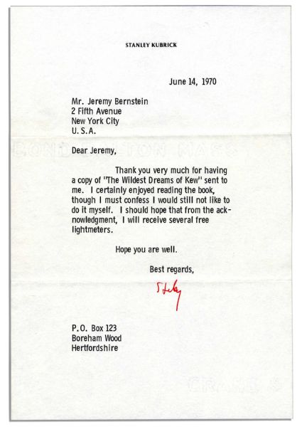Stanley Kubrick 1970 Typed Letter Signed
