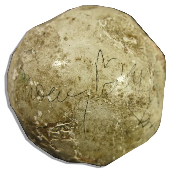 Walt Disney Signed Game-Used 1935 Polo Ball -- Also Signed by Actors Jack Holt & Rex 'Snowy' Baker