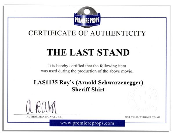 Arnold Schwarzenegger Production Used Sheriff Shirt From ''The Last Stand''