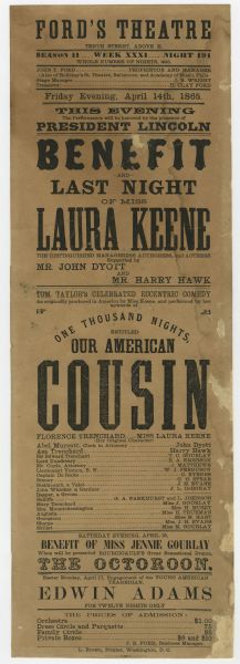 Contemporary Print of Ford's Theatre Playbill For the 1865 Production ''Our American Cousin'' -- Which Lincoln Watched as He Was Assassinated