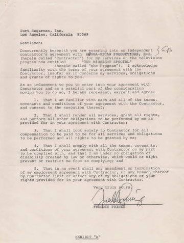 Freddie Prinze, Sr. Rare Contract Signed -- Concerning His Appearance on Variety Show ''The Midnight Special'' in 1974