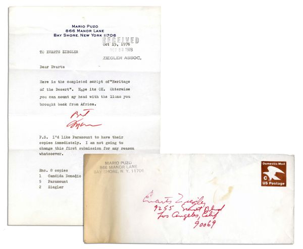 Typed Letter Signed by ''Godfather'' Novelist Mario Puzo -- ''...you can mount my head with the lions you brought back from Africa...''