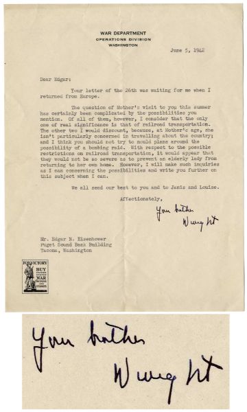 Dwight D. Eisenhower WWII-Dated Typed Letter Signed -- To His Brother, Edgar -- ''...I think you should not try to mould plans around the possibility of a bombing raid...''