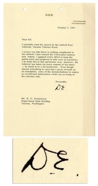Dwight D. Eisenhower Typed Letter Signed ''...I assure you that there is nothing complacent in the attitude I take toward the Communist menace...''