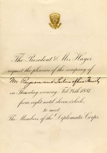 Rutherford B. Hayes Invitation -- February 1881 from the Executive Mansion -- ''...meet The Members of the Diplomatic Corps...''