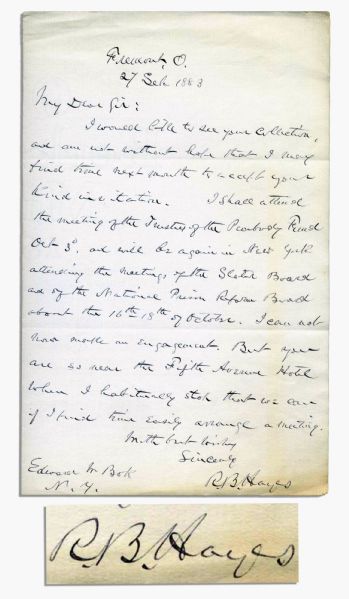Rutherford B. Hayes Autograph Letter Signed -- ''I...will be again in New York attending the meetings of the Slater Board and...National Prison Reform Board...''