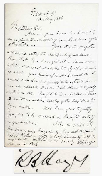 Rutherford B. Hayes Autograph Letter Signed -- Replying to Editor of ''The Brooklyn Magazine'' on an Article Submitted by Hayes

