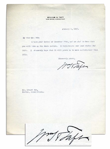 William Taft Typed Letter Signed January 1920 -- New Year Wishes to Edward Bok