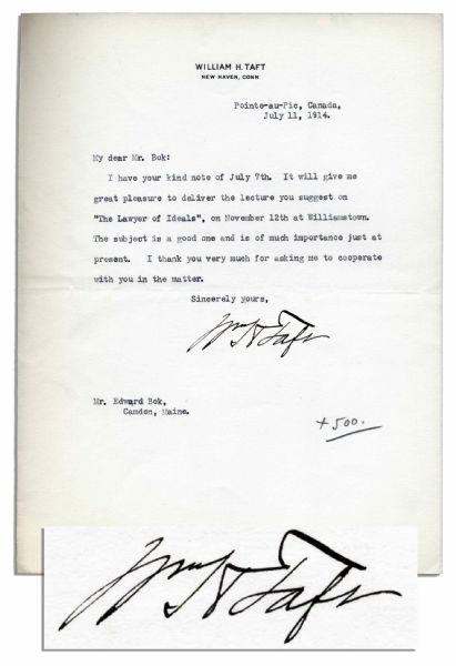 William Taft Typed Letter Signed as Yale Law Professor -- Agrees to Deliver a Lecture on ''The Lawyer of Ideals'' -- Excellent Signature