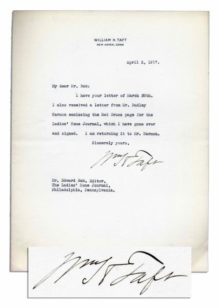 William Taft Typed Letter Signed on the Eve of War With Germany -- to ''Ladies' Home Journal'' Editor Edward Bok Regarding Red Cross Page for Magazine