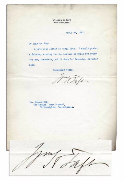 William Taft Typed Letter Signed as Yale Law Professor -- Confirms a Lecture Date