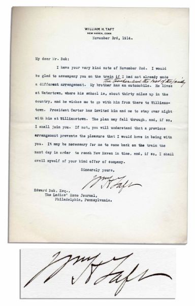 William Taft Typed Letter Signed -- With Handwritten Edits: ''the teacher and the best of the family''