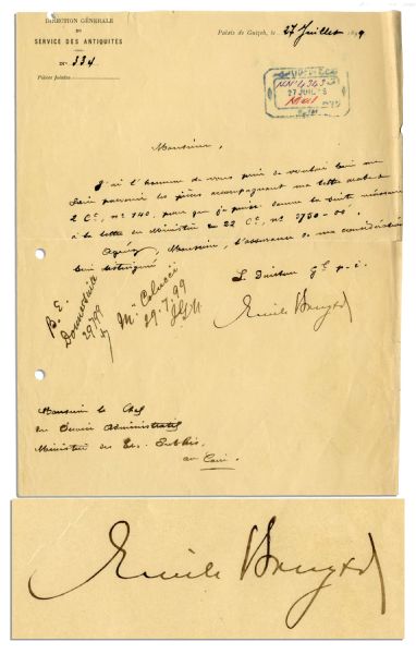 German Egyptologist Emile Brugsch Document Signed -- 1899