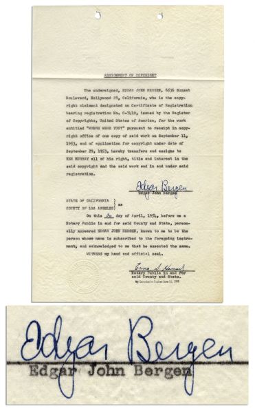 Ventriloquist Edgar Bergen Contract Signed -- 1954 Copyright Agreement 