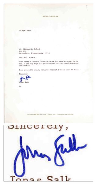 Jonas Salk Typed Letter Signed on ''The Salk Institute'' Stationery