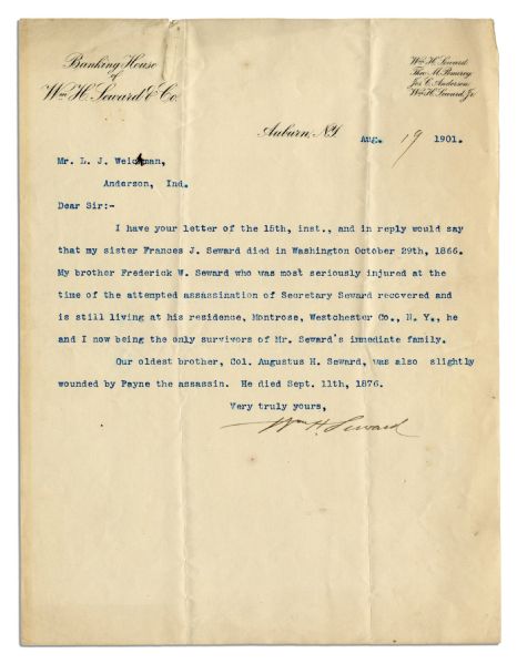 Letter by the Son of Secretary of State William Seward -- ''...My brother...seriously injured at the time of the attempted assassination of Secretary Seward recovered...''