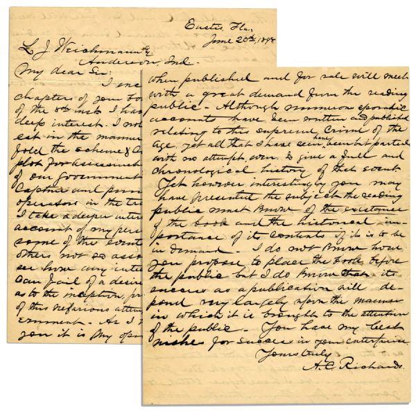 Abraham Lincoln Assassination Letter ''...you unfold the scheme of consummation of the plot for assassinating the chief officer of our government...''