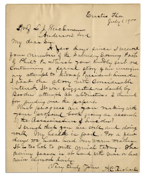 Abraham Lincoln Assassination Letter -- ''...story of our imaginary attempt to kidnap President Lincoln...suggested, no doubt, by Booth's attempt at abduction...''