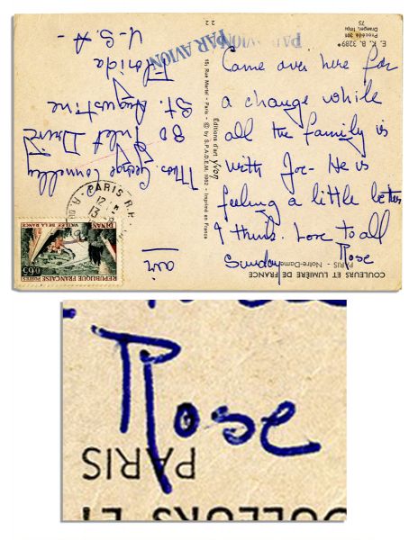 Rose Kennedy Handwritten Postcard From Paris -- ''Came over here for a change while all the family is with Joe...'' -- 1952