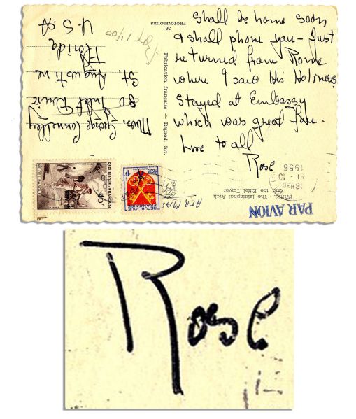 Rose Kennedy Handwritten 1956 Postcard From Paris -- ''...Just returned from Rome where I saw His Holiness...''