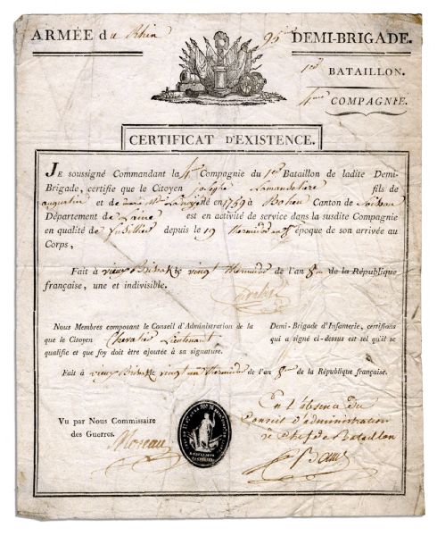 Napoleonic General Jean Moreau Signed Military Document -- 1799 -- Moreau Would Later Turn Against Napoleon