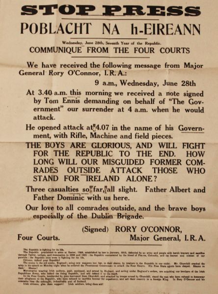Battle of Dublin & Start of The Irish Civil War Announced in This Broadside -- 28 June 1922