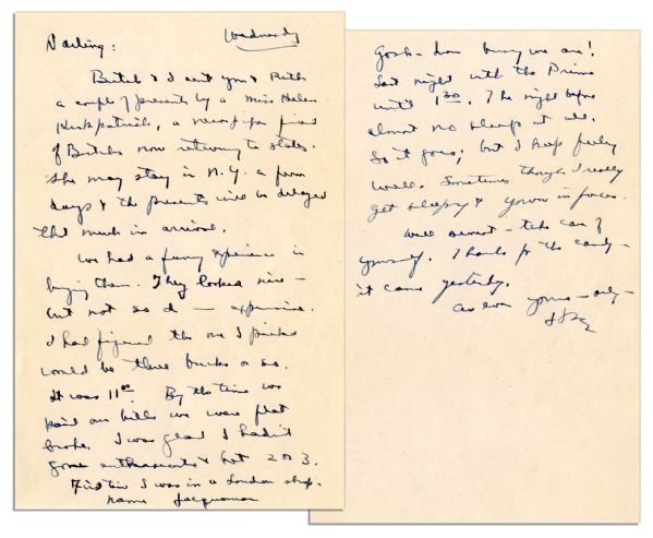 Dwight Eisenhower WWII Autograph Letter Signed -- ''...sent you...presents by a Miss Helen Kirkpatrick, a newspaper friend...now returning to states...busy...Last night with the Prime until 1:30...''
