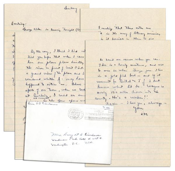 Dwight Eisenhower WWII 4pp. Autograph Letter Signed -- ''...our plane flew...in front of West Point...This is a lonely existence...I live in a gold fish bowl...'' -- With Envelope Twice Signed by Ike
