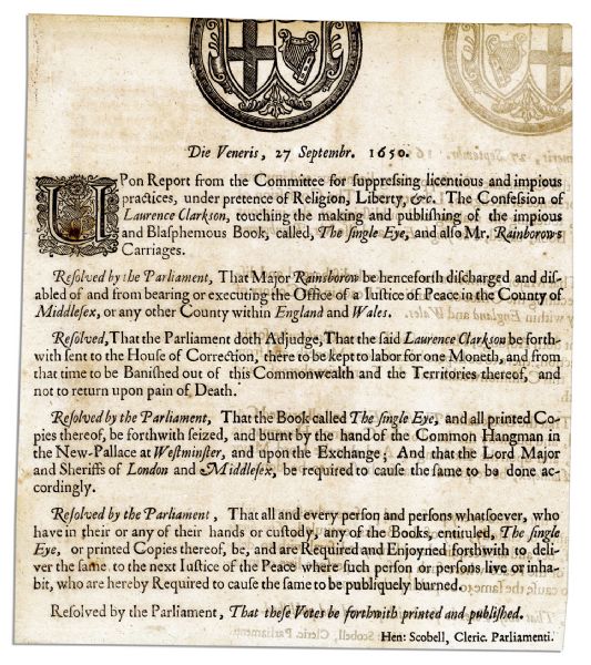 English Civil War Broadside Commanding The Burning of an ''Impious and Blasphemous'' Book & Banishing Its Author Laurence Clarkson