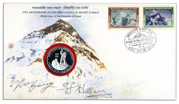 Edmund Hillary & Tenzing Norgay Signed Cover -- With a Commemorative Medallion of the First Men to Reach Mt. Everest's Summit