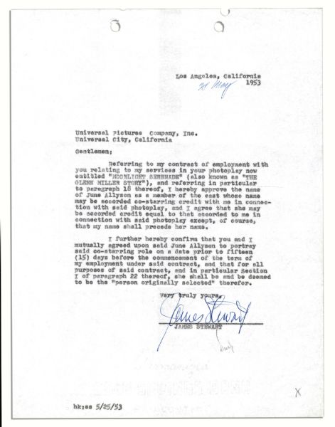 James Stewart Letter Signed Regarding ''The Glenn Miller Story'' -- ''...June Allyson...may be accorded [equal] credit...except, of course, that my name shall precede her name...''