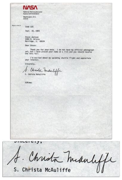 Christa McAuliffe Heartbreaking & Rare Typed Letter Signed -- ''...I'm excited about my upcoming shuttle flight...''