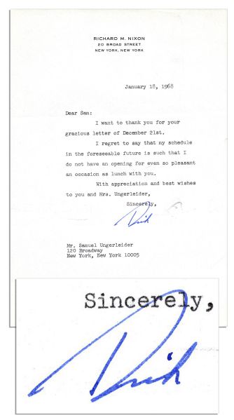 Richard Nixon 1968 Typed Letter Signed -- Gearing Up for the Presidential Election -- ''...my schedule...is such that I do not have an opening for even so pleasant an occasion as lunch with you...''