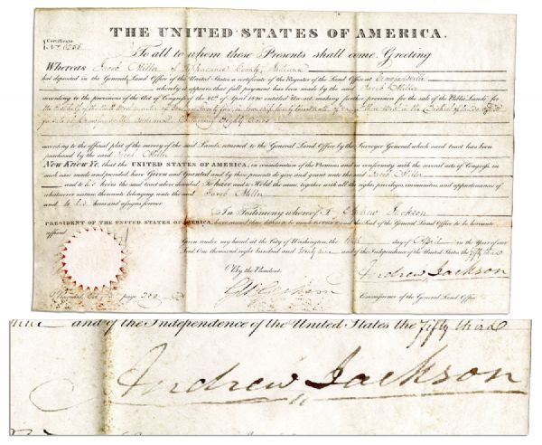 Andrew Jackson Deed to Indiana Land Parcel Signed During His First Year as President in 1829