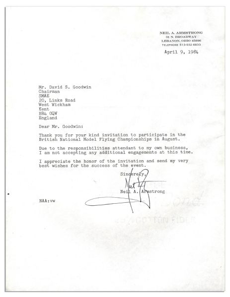 Neil Armstrong Typed Letter Signed -- ''...Thank you for your kind invitation to participate in the British National Model Flying Championships in August...'' -- 1984