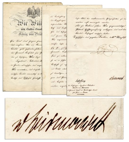 1870 Otto Von Bismarck Document Signed Amidst the Franco Prussian War -- ''...In the name of the North German Confederation we approve to reoccupy the General Consulate of Peru in Lima...''